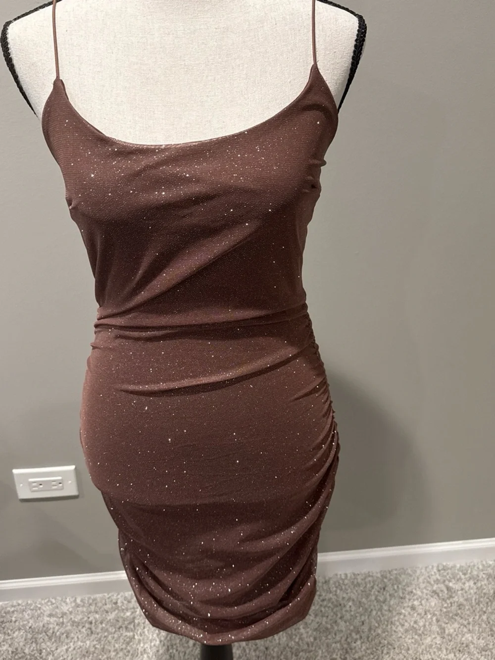 Windsor Brown Sparkle Ruched Spaghetti-Strap Mini Dress